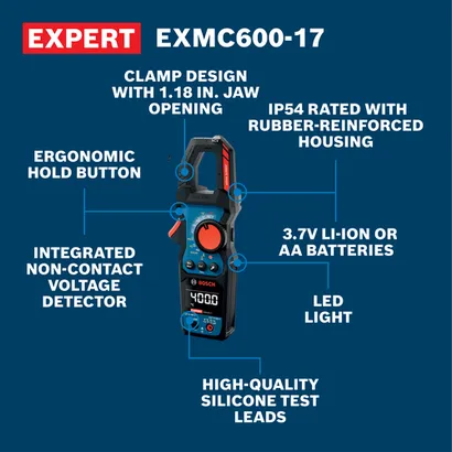 Walkaround Image of Bosch EXMC600-17 EXPERT True RMS Clamp Meter with features.