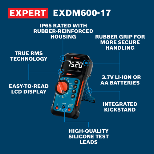 Walkaround Image of Bosch EXDM600-17 EXPERT True RMS Digital Multimeter with features.