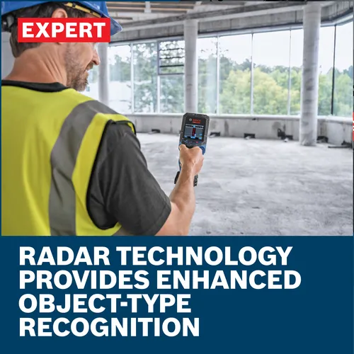 Web Image of Bosch D-TECT18V-200-17C EXPERT 18V Floor & Wall Scanner​ with application and features.