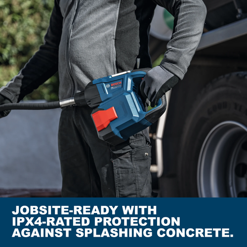 Web Image of Bosch GVC18V-25-120D 18V Pencil Vibrator with applications and features.