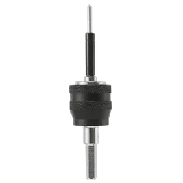 Drill chuck with black rubber handle and metal shaft.