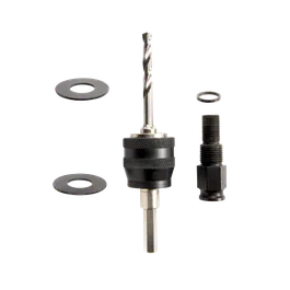 Drill bit assembly with two washers, a small ring, and a bolt on a white background.