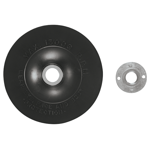 Black round abrasive disc with "MAX. 13000 R.P.M. EYE FACE AND BODY PROTECTION." and a silver disc with three holes.