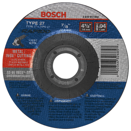 4-1/2 In. .045 In. 7/8 In. Arbor Type 27A (ISO 42) 60 Grit Rapido™ Fast Fast Metal/Stainless Cutting Abrasive Wheel