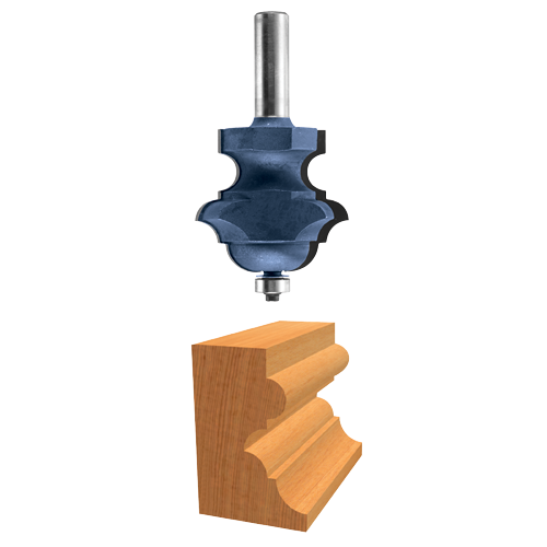 A blue router bit above a piece of wood with a decorative profile.