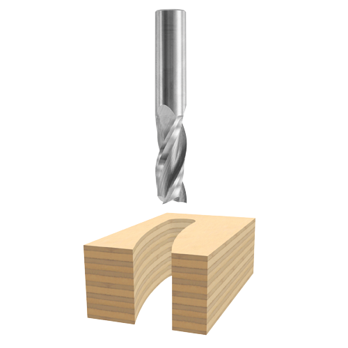 Metal drill bit above a piece of wood, creating an arc-shaped groove.