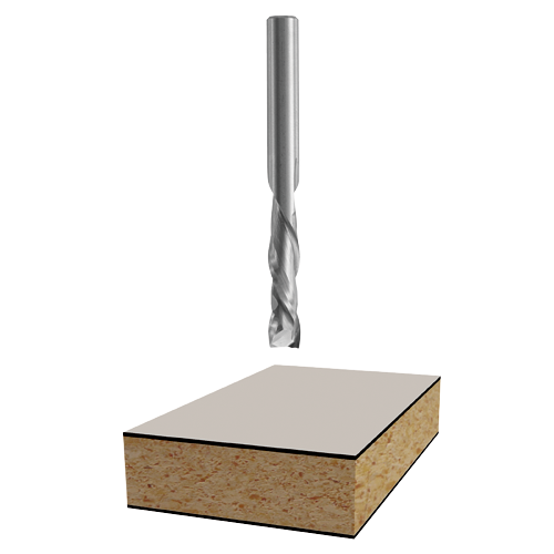 A drill bit above a piece of wood.