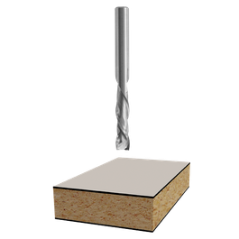 A drill bit above a piece of wood.