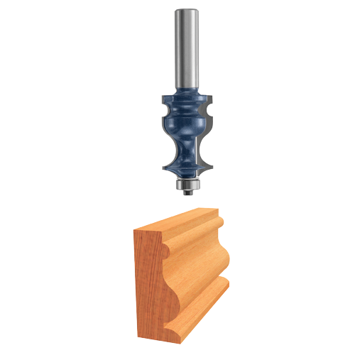 Bosch router bit with molding profile, positioned above a piece of wood with a matching profile.
