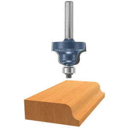 Bosch router bit over wooden board, the bit has a dark blue head, steel shaft, and ball bearing.
