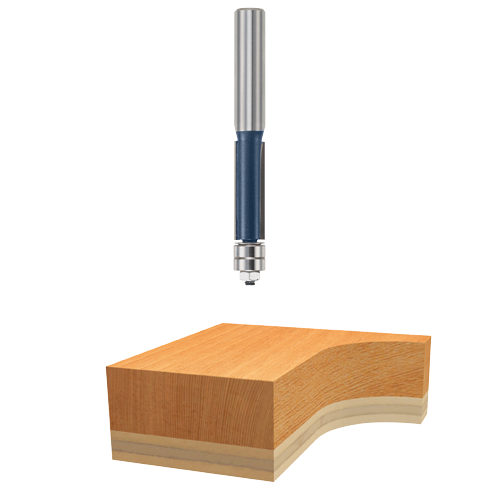 Bosch router bit positioned above wood block.