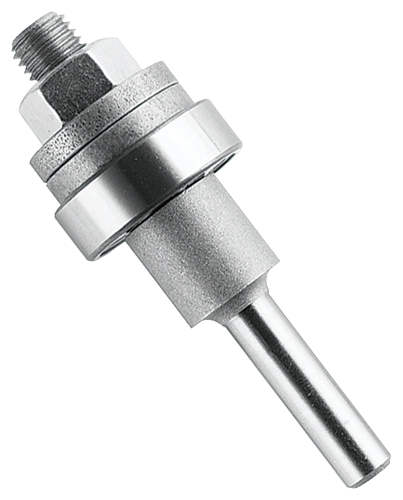 A close-up of a metal router bit. The bit has a cylindrical shank that tapers to a point, with a nut, bearings, and a threaded section at the top.