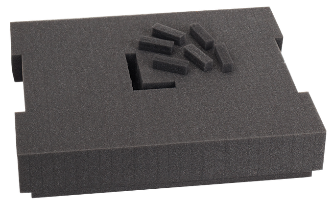 Dark gray foam insert with six small foam pieces.