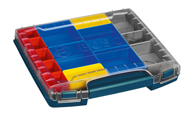 Bosch toolbox with red, yellow, and blue compartments.