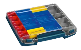 Bosch toolbox with red, yellow, and blue compartments.