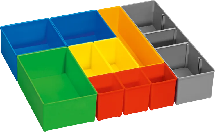 Assortment of colorful open storage bins.