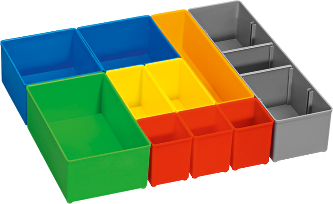 Assortment of colorful open storage bins.