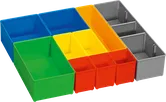 Assortment of colorful open storage bins.