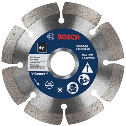 Disco de diamante con ranura en V y borde segmentado para material duro, 4-1/2"