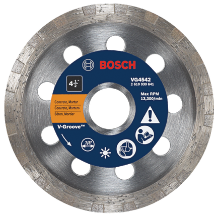 Disco de diamante con ranura en V y borde Turbo para cortes parejos, 4-1/2"