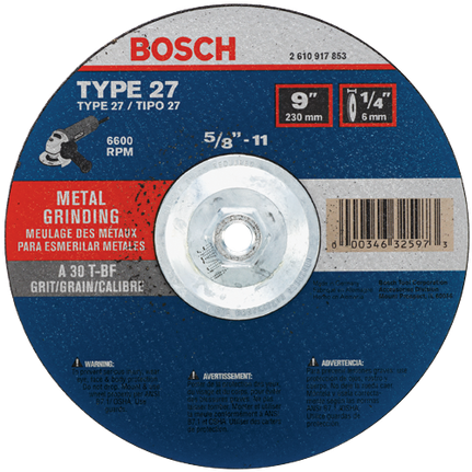 Disco abrasivo para amolar, calibre 30, tipo de eje 27, 9" 1/4" 5/8-11"