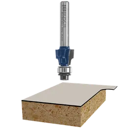 Bosch 85316M Max. RPM 35.000 fresa para router, con código R403, sobre una tabla de madera.