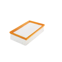 Filtro de aire rectangular con interior blanco y borde naranja.