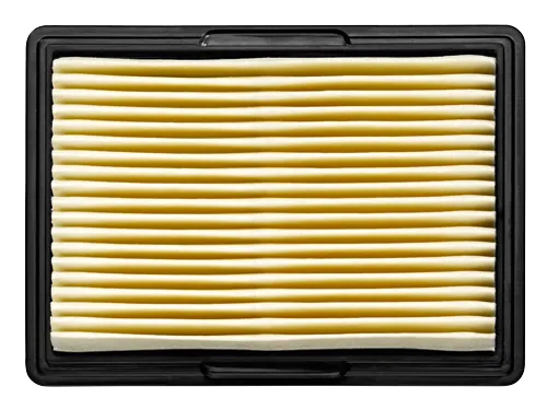 Filtro de aire con papel plisado amarillo y marco negro.