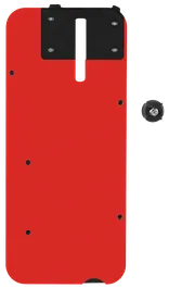 Objeto rectangular rojo con elementos de fijación negros.