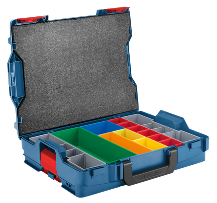 Caja L azul con múltiples compartimentos de almacenamiento de colores y asa negra.