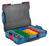 Caja L azul con múltiples compartimentos de almacenamiento de colores y asa negra.
