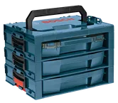 Sistema de almacenamiento de herramientas Bosch con compartimentos apilables y asa.