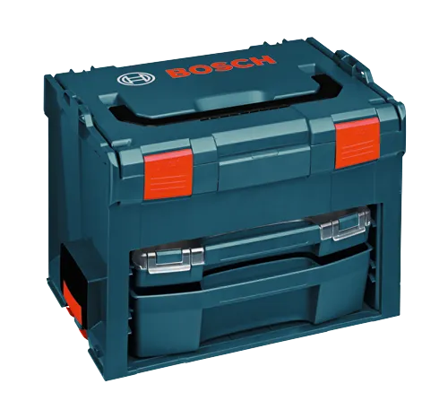 Caja de almacenamiento BOSCH con detalles en rojo y blanco.