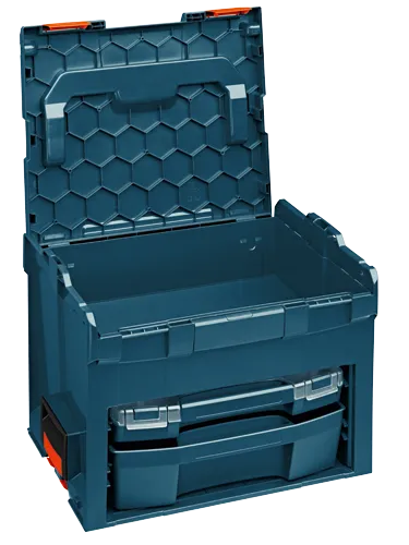 Caja de herramientas de plástico azul y naranja con tapa y cajón abiertos.