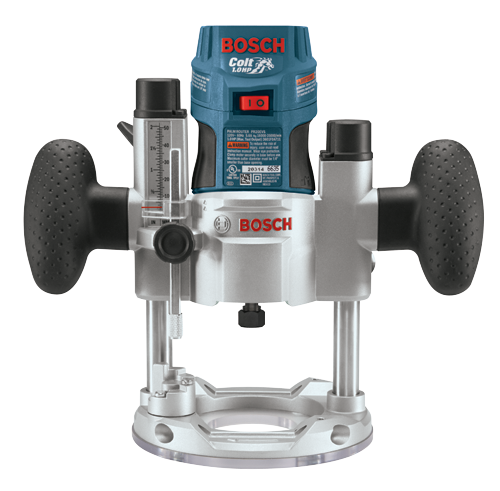Bosch Colt 1.0HP Palm Router PR20EVS con interruptor de encendido rojo, empuñaduras negras y escala de ajuste de profundidad; modelo 20314 6635.