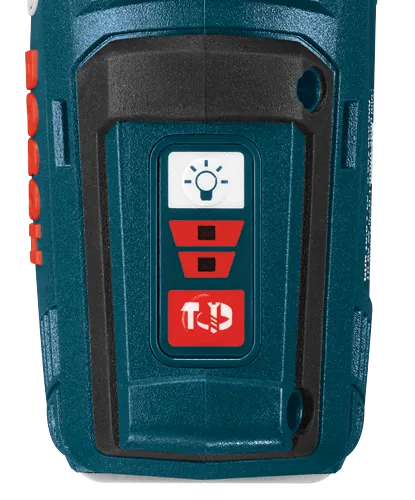 Interfaz de herramienta Bosch con iconos de luz, batería y otros indicadores.