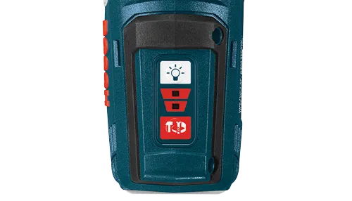 Herramienta Bosch con símbolos de luz, potencia y taladro.