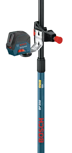 Nivel láser Bosch Professional GCL 2-160 montado en una pértiga con BP350 y la palabra "BOSCH" impresa en ella.