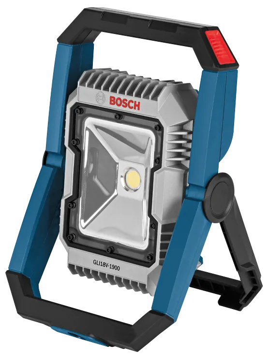 Foco de trabajo LED Bosch con marco azul y negro, logotipo Bosch visible.