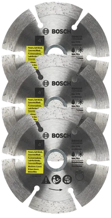 Hojas de diamante de 4" con borde segmentado para cortes difíciles universales, 3 piezas