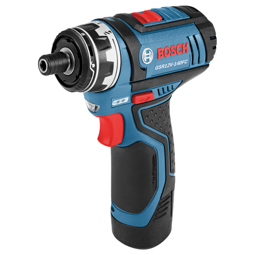 Destornillador a batería Bosch GSR12V-140FC con marca denominativa "BOSCH" visible, esquema de color azul y negro.