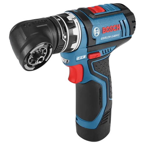 Bosch GSR12V-140FC taladro atornillador a batería, con botón de encendido rojo y carcasa azul y negra.