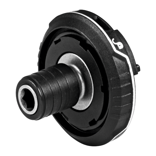 Cabezal de herramienta negro con un encastre hexagonal exterior.