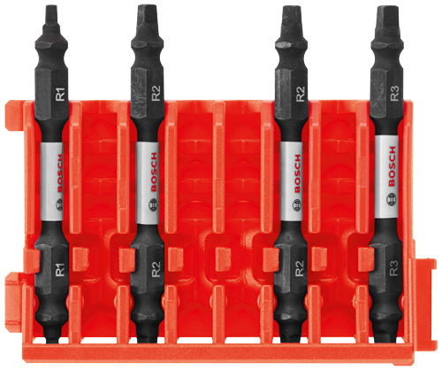 Puntas de atornillar Bosch, con etiquetas "R1", "R2" y "R3" y el logotipo, colocadas en un soporte naranja.