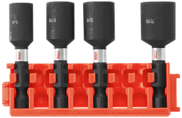 Bosch llaves de tuercas de 1/4, 5/16, 3/8 y 7/16 en un soporte naranja.