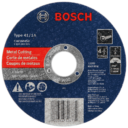 Disco abrasivo para cortar metal, calibre 24, tipo de eje 1A (ISO 41), 4-1/2 " 3/32" 7/8"