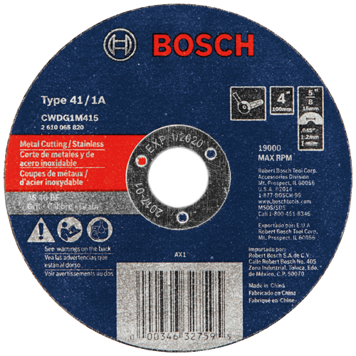 Disco de corte Bosch Tipo 41/1A 4", CWDG1M415, con 13000 RPM máx.