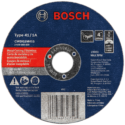 Disco de corte de metal de grano 46 con eje de sujeción tipo 1A, 5/8", 4" x 0.045"