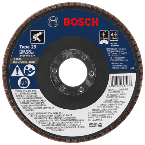 Disco de aletas Bosch Tipo 29, grano Z80G, diámetro 4 1/2", 13.300 RPM.