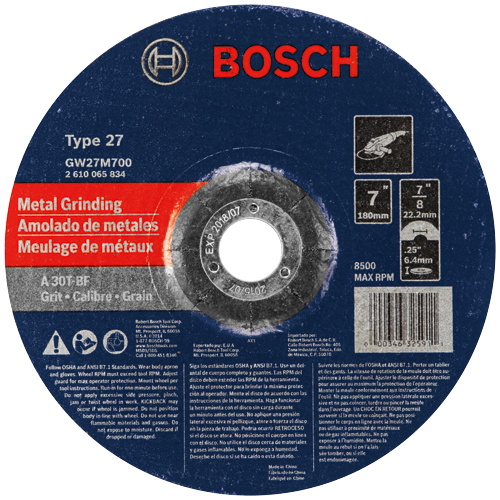 Disco de desbaste metálico Bosch Tipo 27, GM2TM700, 7", eje 7/8", RPM máx. 8500.